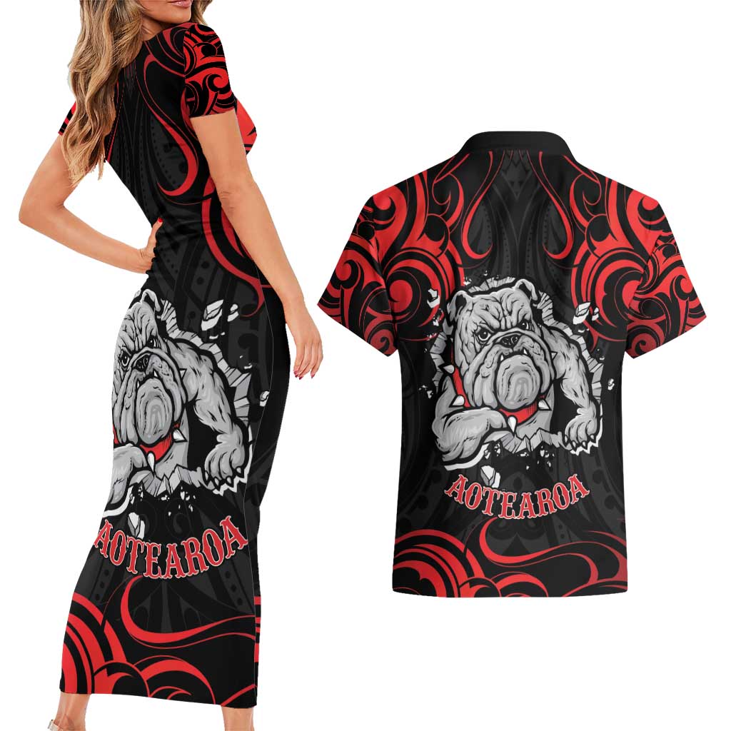 Personalised Aotearoa Bulldog Couples Matching Short Sleeve Bodycon Dress and Hawaiian Shirt NZ Maori Tattoo LT14 - Polynesian Pride