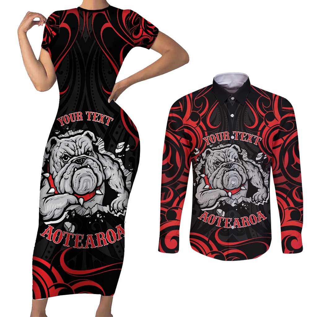 Personalised Aotearoa Bulldog Couples Matching Short Sleeve Bodycon Dress and Long Sleeve Button Shirt NZ Maori Tattoo LT14 Red - Polynesian Pride