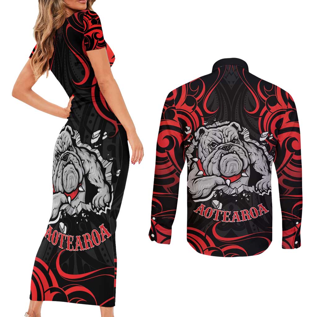 Personalised Aotearoa Bulldog Couples Matching Short Sleeve Bodycon Dress and Long Sleeve Button Shirt NZ Maori Tattoo LT14 - Polynesian Pride