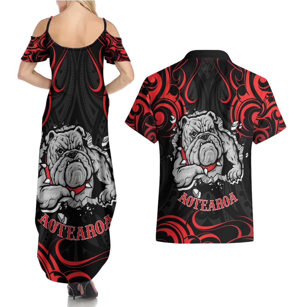 Personalised Aotearoa Bulldog Couples Matching Summer Maxi Dress and Hawaiian Shirt NZ Maori Tattoo LT14 - Polynesian Pride