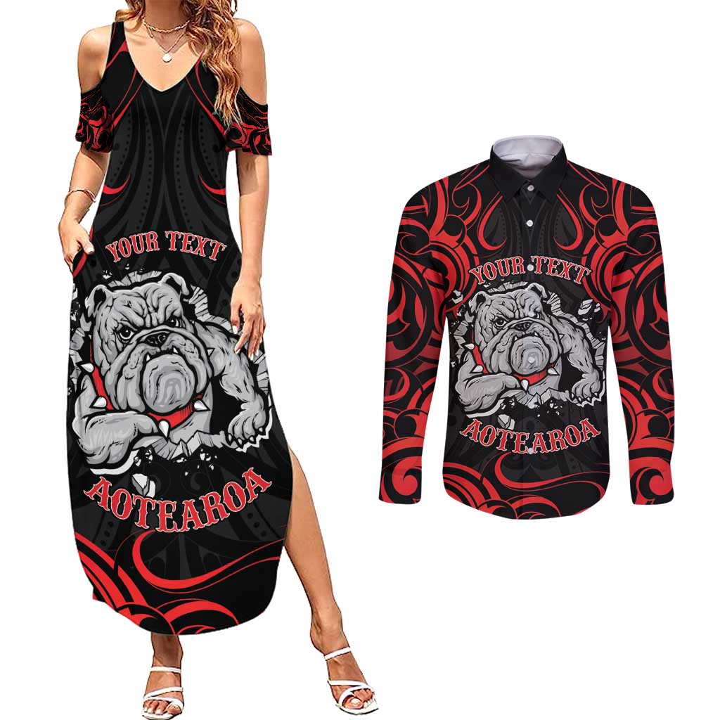 Personalised Aotearoa Bulldog Couples Matching Summer Maxi Dress and Long Sleeve Button Shirt NZ Maori Tattoo LT14 Red - Polynesian Pride