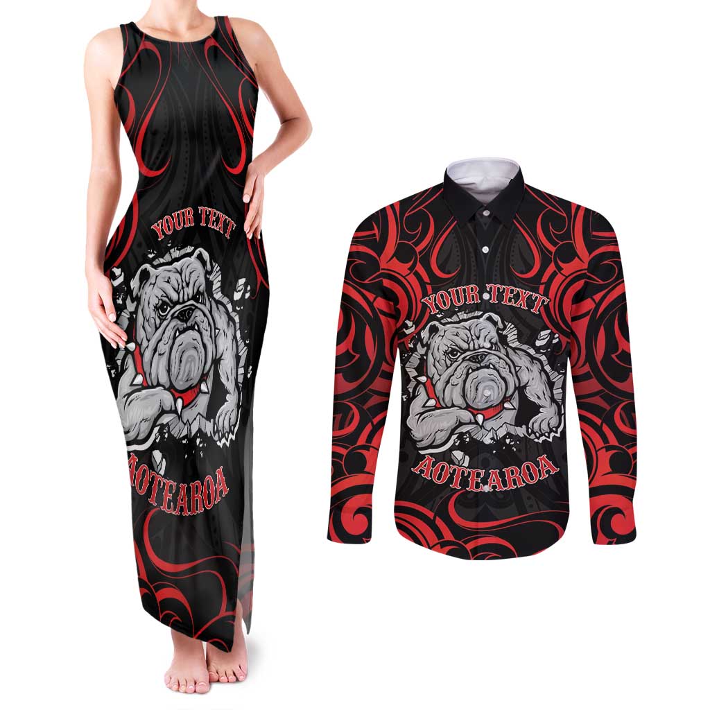 Personalised Aotearoa Bulldog Couples Matching Tank Maxi Dress and Long Sleeve Button Shirt NZ Maori Tattoo LT14 Red - Polynesian Pride
