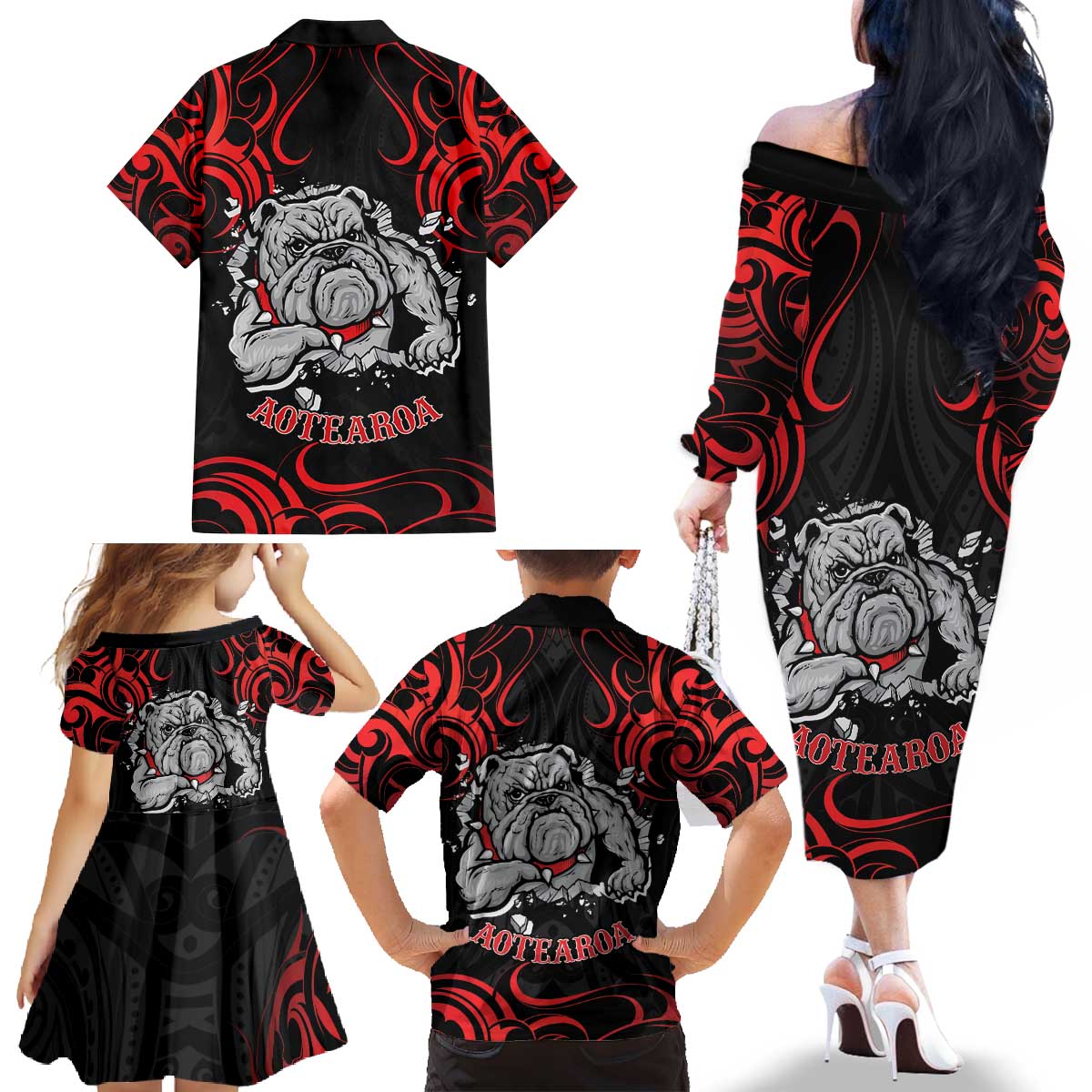 Personalised Aotearoa Bulldog Family Matching Off The Shoulder Long Sleeve Dress and Hawaiian Shirt NZ Maori Tattoo LT14 - Polynesian Pride