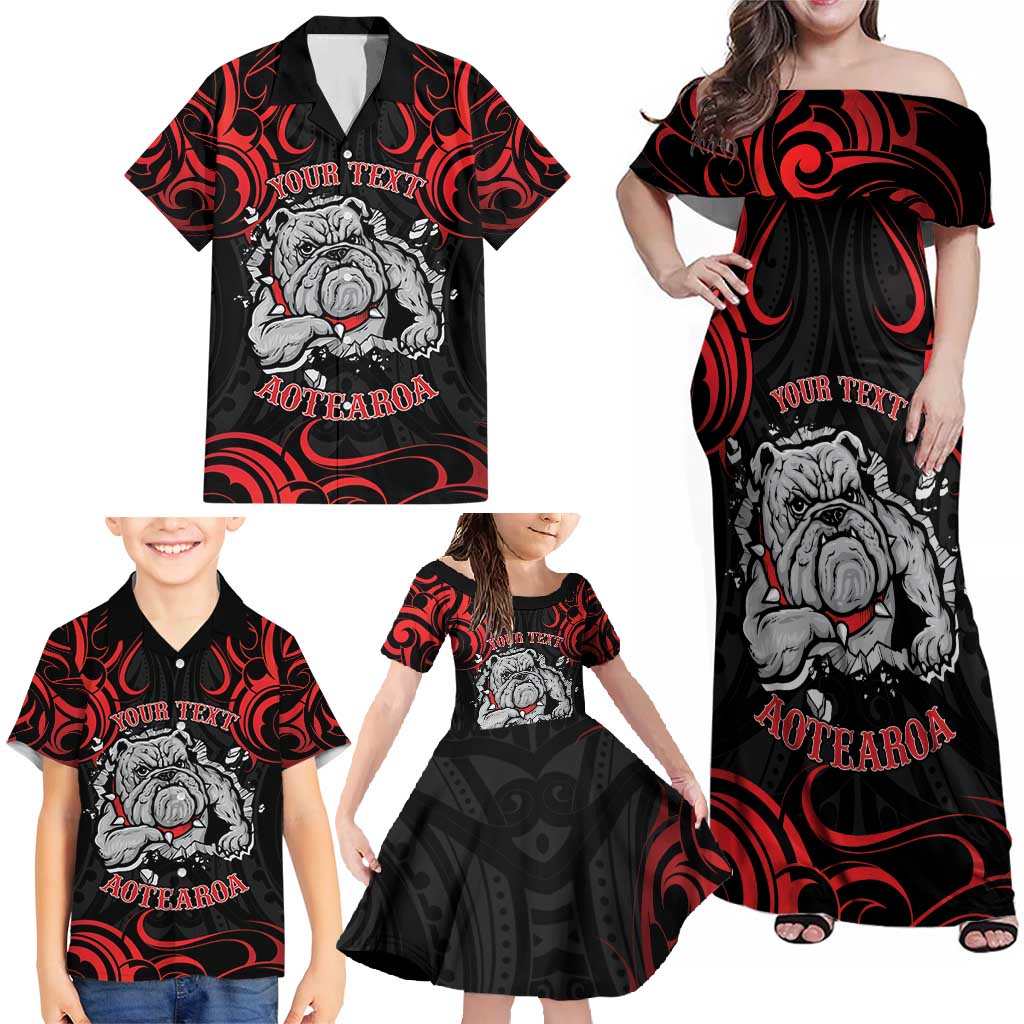 Personalised Aotearoa Bulldog Family Matching Off Shoulder Maxi Dress and Hawaiian Shirt NZ Maori Tattoo LT14 - Polynesian Pride