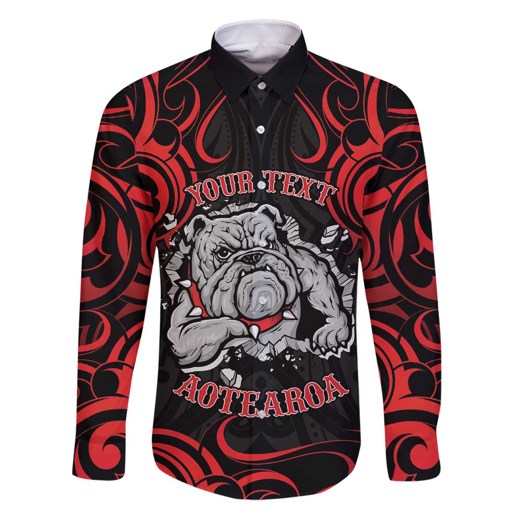 Personalised Aotearoa Bulldog Family Matching Off Shoulder Maxi Dress and Hawaiian Shirt NZ Maori Tattoo LT14 Dad's Shirt - Long Sleeve Red - Polynesian Pride