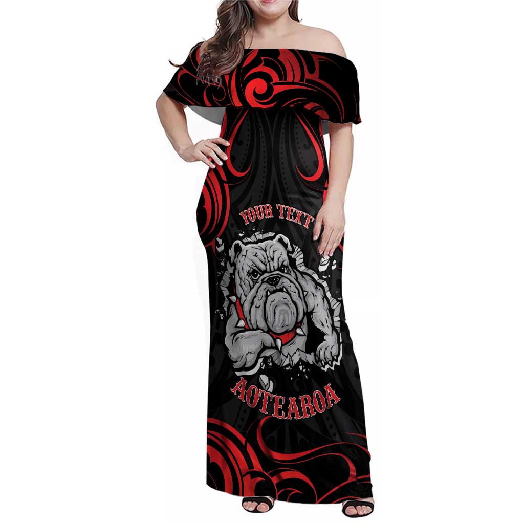 Personalised Aotearoa Bulldog Family Matching Off Shoulder Maxi Dress and Hawaiian Shirt NZ Maori Tattoo LT14 Mom's Dress Red - Polynesian Pride