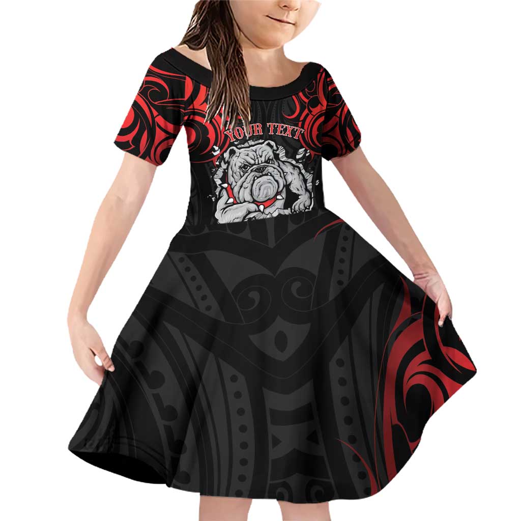Personalised Aotearoa Bulldog Family Matching Off Shoulder Short Dress and Hawaiian Shirt NZ Maori Tattoo LT14 Daughter's Dress Red - Polynesian Pride