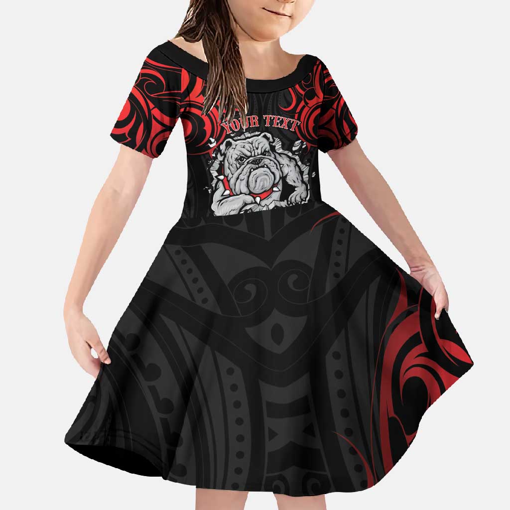 Personalised Aotearoa Bulldog Family Matching Short Sleeve Bodycon Dress and Hawaiian Shirt NZ Maori Tattoo LT14 Daughter's Dress Red - Polynesian Pride