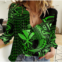 (Custom Personalised) Hawaii Hammerhead Shark Women Casual Shirt Polynesian Kakau With Kanaka Green LT14 Female Green - Polynesian Pride