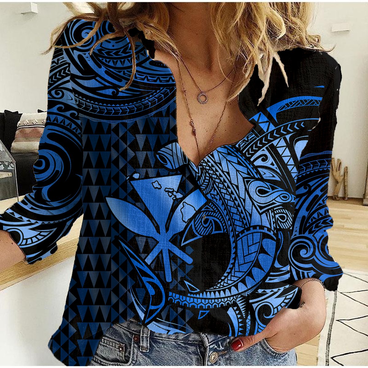 (Custom Personalised) Hawaii Hammerhead Shark Women Casual Shirt Polynesian Kakau With Kanaka Blue LT14 Female Blue - Polynesian Pride
