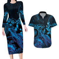 Blue Aloha Hawaii Couples Matching Long Sleeve Bodycon Dress and Hawaiian Shirt Snorkeling With Sea Turtle Polynesian Pattern LT14 Blue - Polynesian Pride