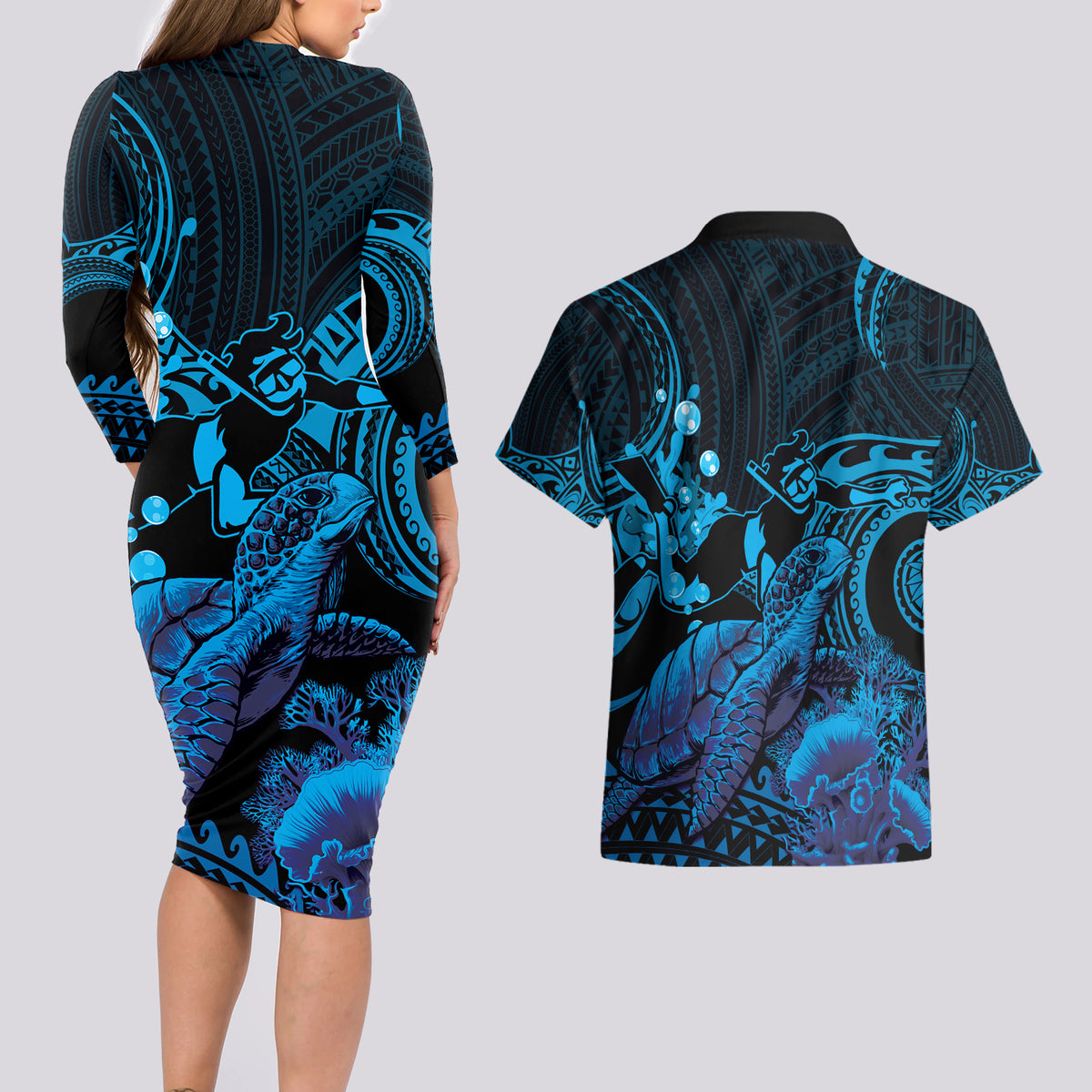 Blue Aloha Hawaii Couples Matching Long Sleeve Bodycon Dress and Hawaiian Shirt Snorkeling With Sea Turtle Polynesian Pattern LT14 - Polynesian Pride