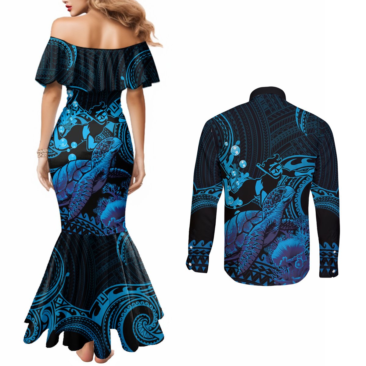 Blue Aloha Hawaii Couples Matching Mermaid Dress and Long Sleeve Button Shirt Snorkeling With Sea Turtle Polynesian Pattern
