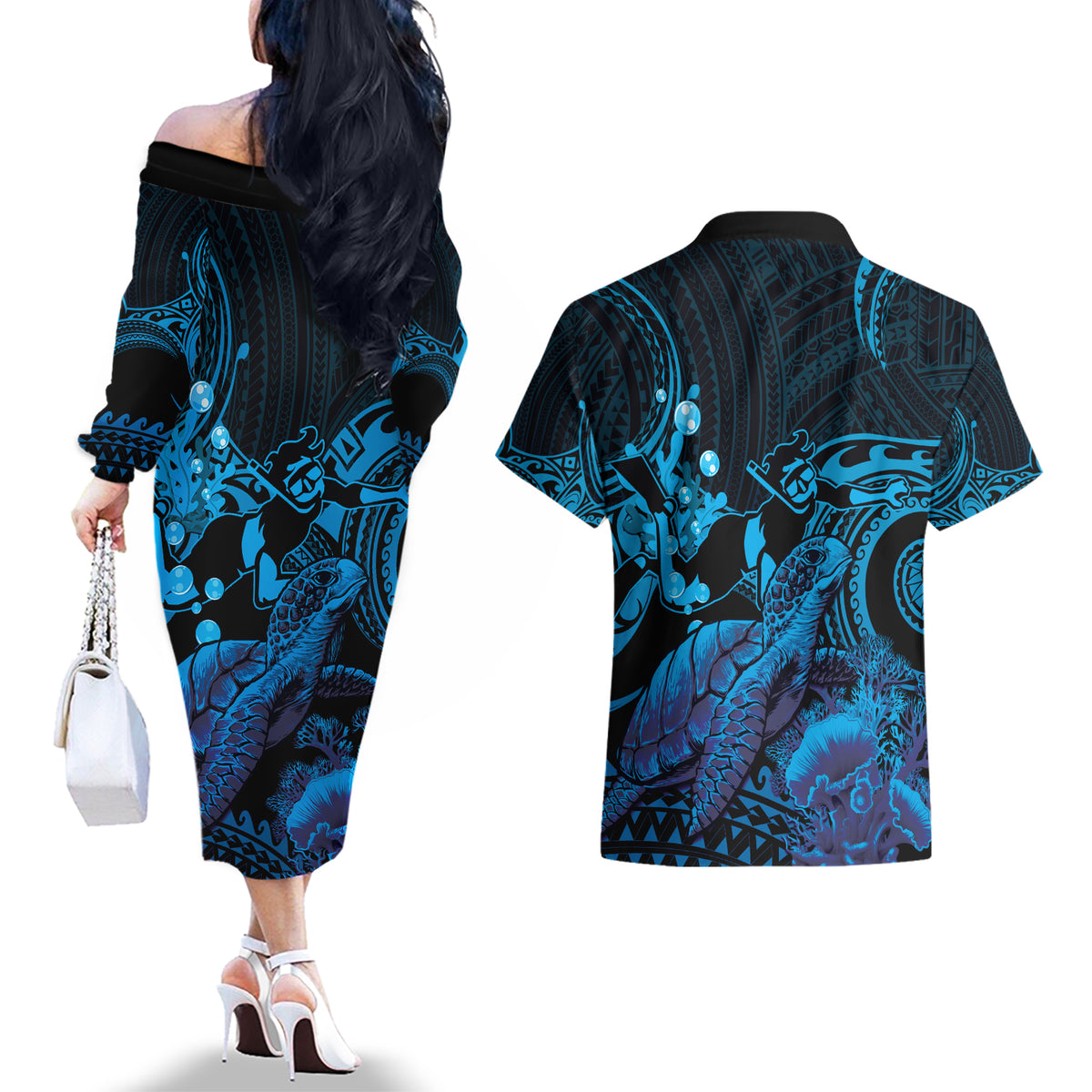 Blue Aloha Hawaii Couples Matching Off The Shoulder Long Sleeve Dress and Hawaiian Shirt Snorkeling With Sea Turtle Polynesian Pattern LT14 - Polynesian Pride