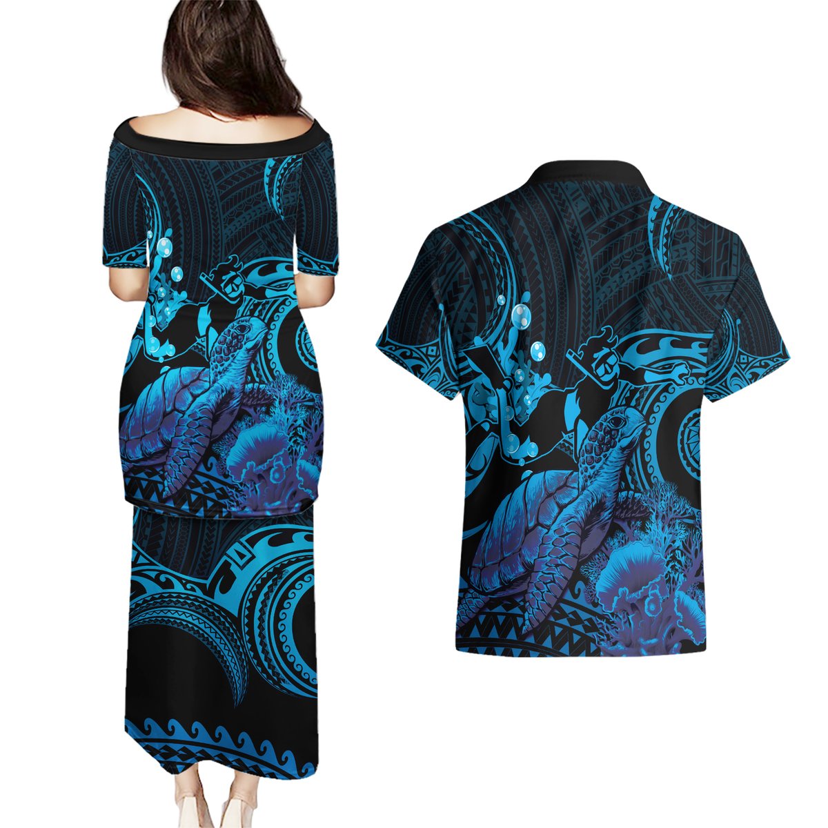 Blue Aloha Hawaii Couples Matching Puletasi and Hawaiian Shirt Snorkeling With Sea Turtle Polynesian Pattern