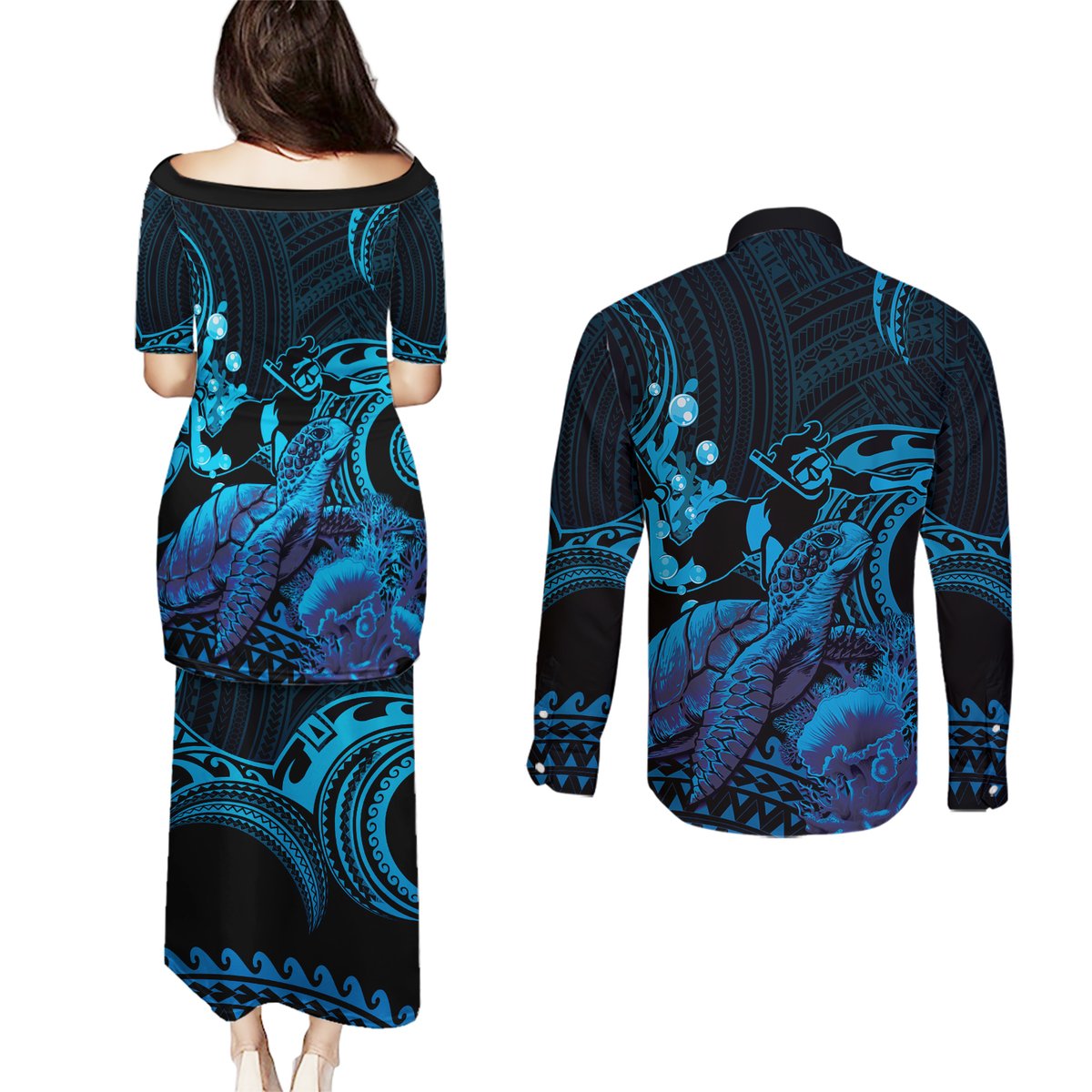 Blue Aloha Hawaii Couples Matching Puletasi and Long Sleeve Button Shirt Snorkeling With Sea Turtle Polynesian Pattern