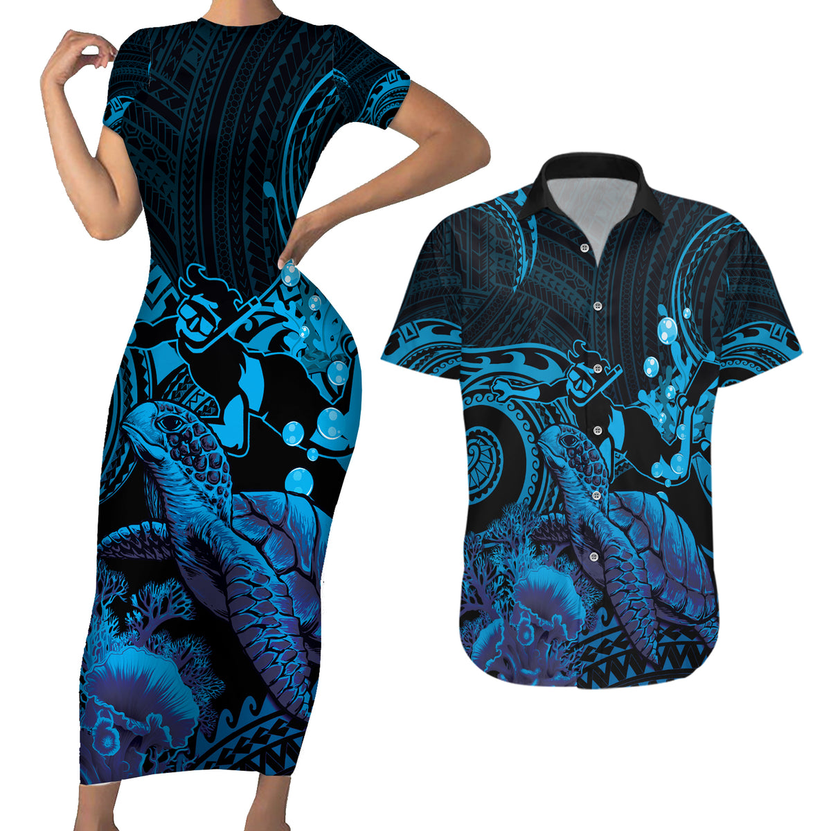 Blue Aloha Hawaii Couples Matching Short Sleeve Bodycon Dress and Hawaiian Shirt Snorkeling With Sea Turtle Polynesian Pattern LT14 Blue - Polynesian Pride