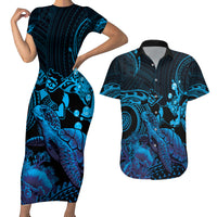 Blue Aloha Hawaii Couples Matching Short Sleeve Bodycon Dress and Hawaiian Shirt Snorkeling With Sea Turtle Polynesian Pattern LT14 Blue - Polynesian Pride