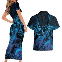 Blue Aloha Hawaii Couples Matching Short Sleeve Bodycon Dress and Hawaiian Shirt Snorkeling With Sea Turtle Polynesian Pattern LT14 - Polynesian Pride