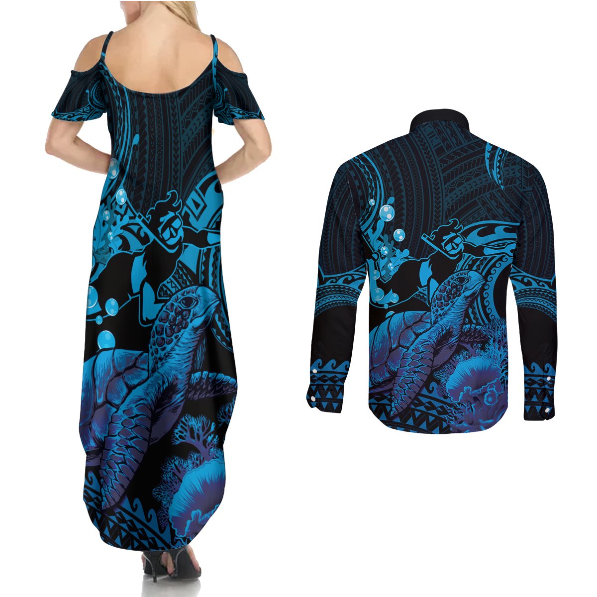 Blue Aloha Hawaii Couples Matching Summer Maxi Dress and Long Sleeve Button Shirt Snorkeling With Sea Turtle Polynesian Pattern