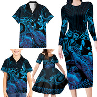 Blue Aloha Hawaii Family Matching Long Sleeve Bodycon Dress and Hawaiian Shirt Snorkeling With Sea Turtle Polynesian Pattern LT14 - Polynesian Pride