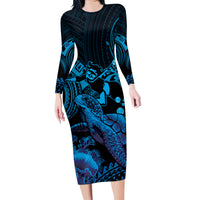 Blue Aloha Hawaii Family Matching Long Sleeve Bodycon Dress and Hawaiian Shirt Snorkeling With Sea Turtle Polynesian Pattern LT14 Mom's Dress Blue - Polynesian Pride