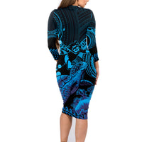Blue Aloha Hawaii Family Matching Long Sleeve Bodycon Dress and Hawaiian Shirt Snorkeling With Sea Turtle Polynesian Pattern LT14 - Polynesian Pride