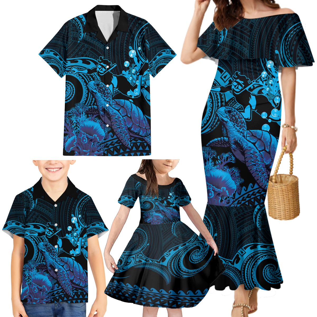 Blue Aloha Hawaii Family Matching Mermaid Dress and Hawaiian Shirt Snorkeling With Sea Turtle Polynesian Pattern LT14 - Polynesian Pride