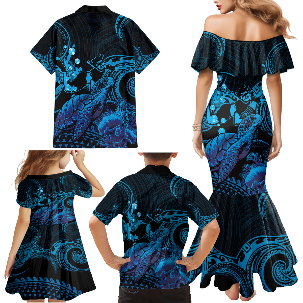Blue Aloha Hawaii Family Matching Mermaid Dress and Hawaiian Shirt Snorkeling With Sea Turtle Polynesian Pattern LT14 - Polynesian Pride