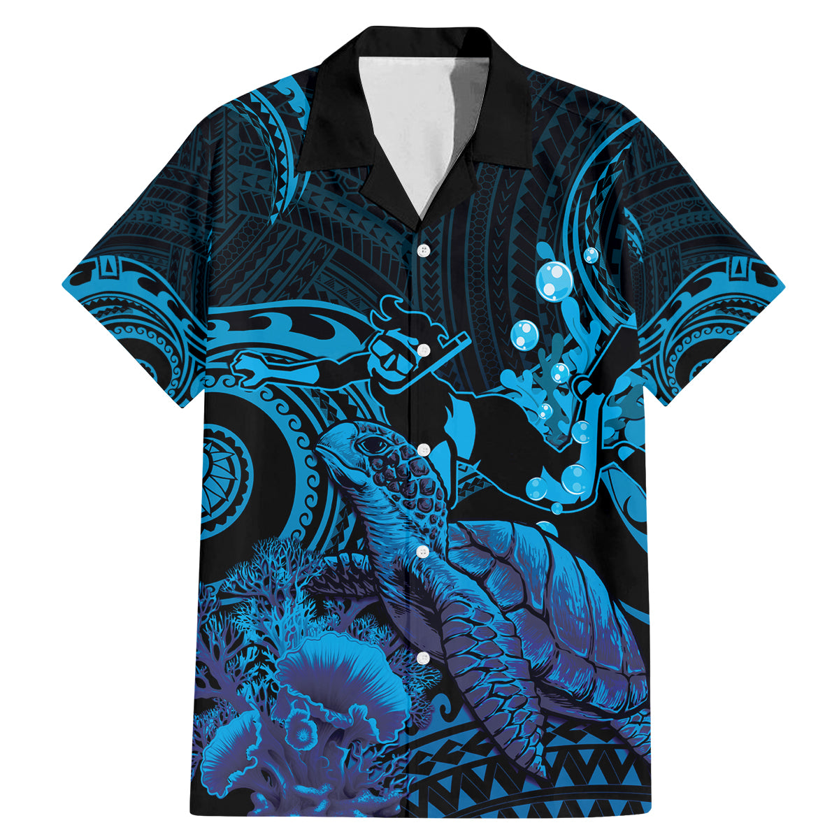 Blue Aloha Hawaii Family Matching Mermaid Dress and Hawaiian Shirt Snorkeling With Sea Turtle Polynesian Pattern LT14 Dad's Shirt - Short Sleeve Blue - Polynesian Pride