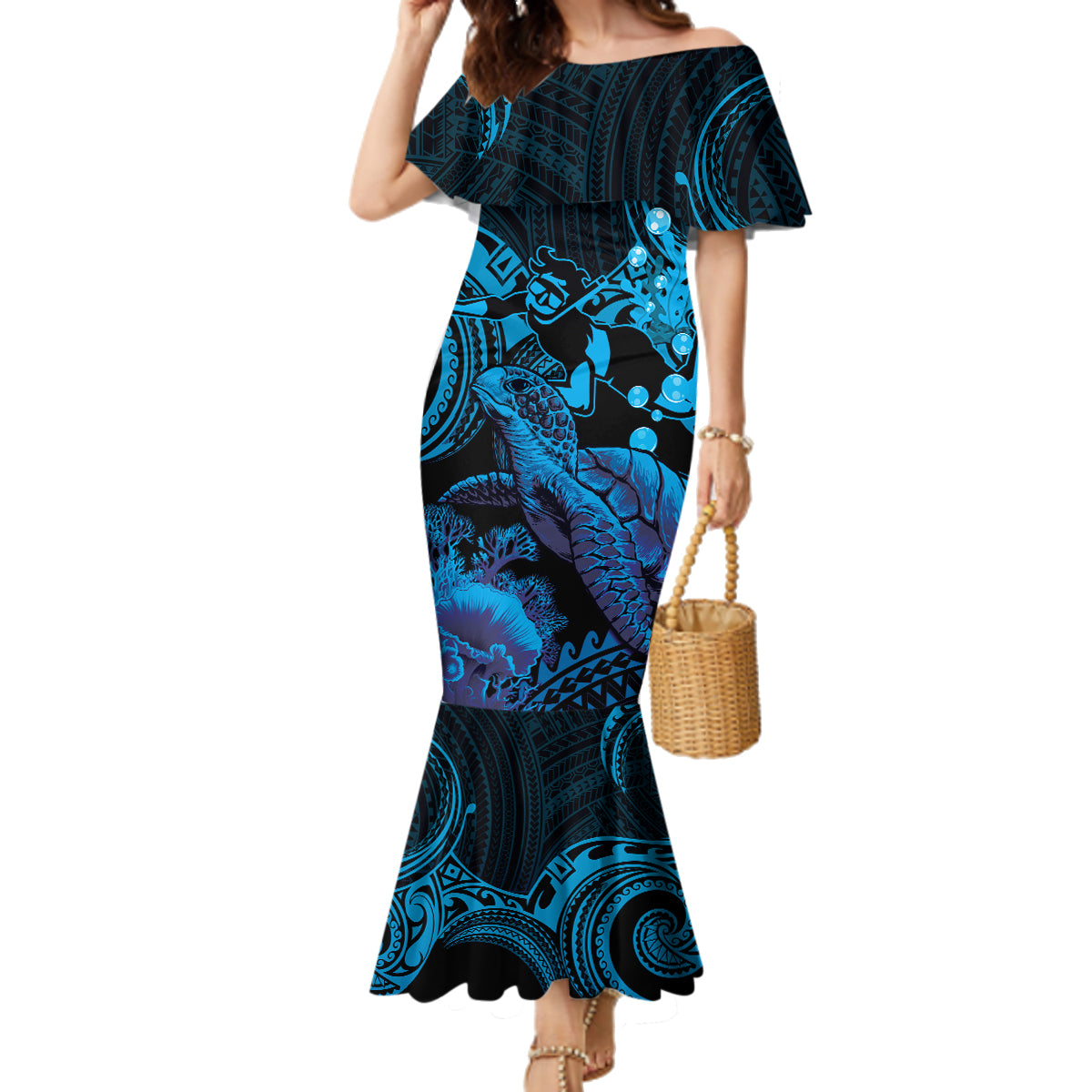 Blue Aloha Hawaii Family Matching Mermaid Dress and Hawaiian Shirt Snorkeling With Sea Turtle Polynesian Pattern LT14 Mom's Dress Blue - Polynesian Pride