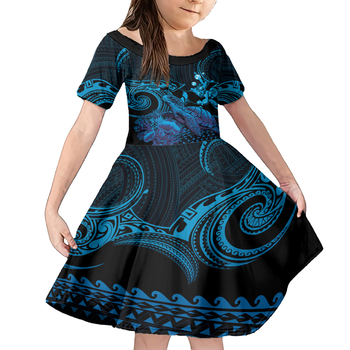 Blue Aloha Hawaii Family Matching Off The Shoulder Long Sleeve Dress and Hawaiian Shirt Snorkeling With Sea Turtle Polynesian Pattern LT14 Daughter's Dress Blue - Polynesian Pride