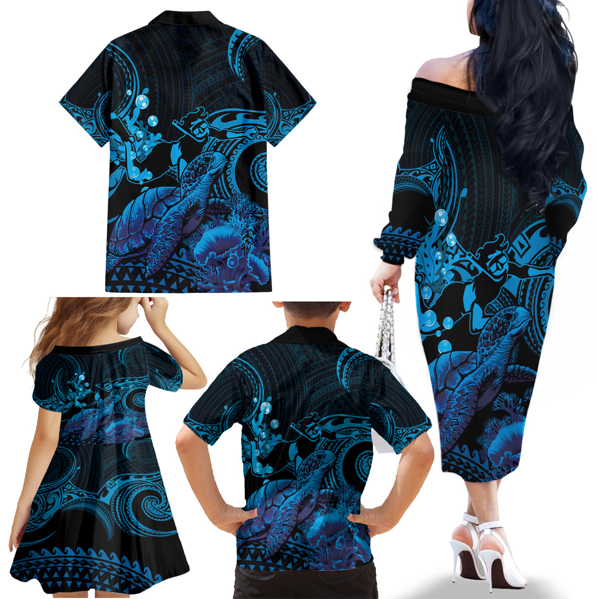 Blue Aloha Hawaii Family Matching Off The Shoulder Long Sleeve Dress and Hawaiian Shirt Snorkeling With Sea Turtle Polynesian Pattern LT14 - Polynesian Pride