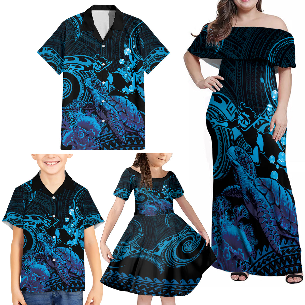 Blue Aloha Hawaii Family Matching Off Shoulder Maxi Dress and Hawaiian Shirt Snorkeling With Sea Turtle Polynesian Pattern LT14 - Polynesian Pride