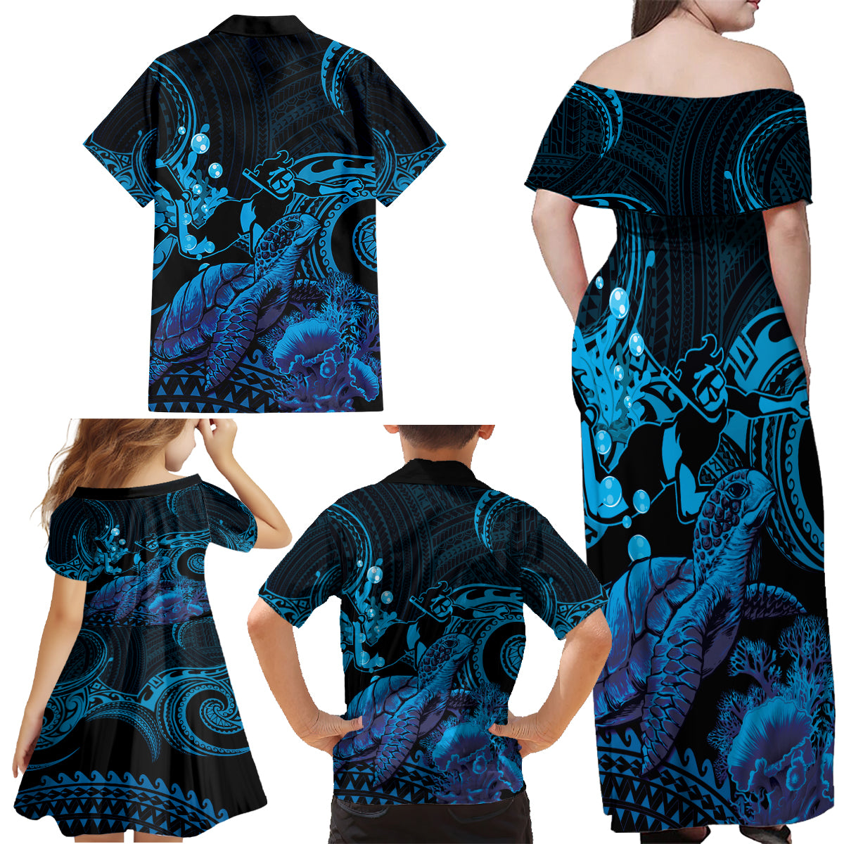 Blue Aloha Hawaii Family Matching Off Shoulder Maxi Dress and Hawaiian Shirt Snorkeling With Sea Turtle Polynesian Pattern LT14 - Polynesian Pride