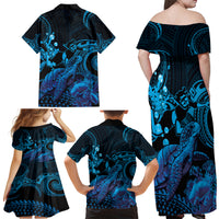 Blue Aloha Hawaii Family Matching Off Shoulder Maxi Dress and Hawaiian Shirt Snorkeling With Sea Turtle Polynesian Pattern LT14 - Polynesian Pride