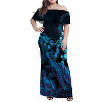 Blue Aloha Hawaii Family Matching Off Shoulder Maxi Dress and Hawaiian Shirt Snorkeling With Sea Turtle Polynesian Pattern LT14 Mom's Dress Blue - Polynesian Pride
