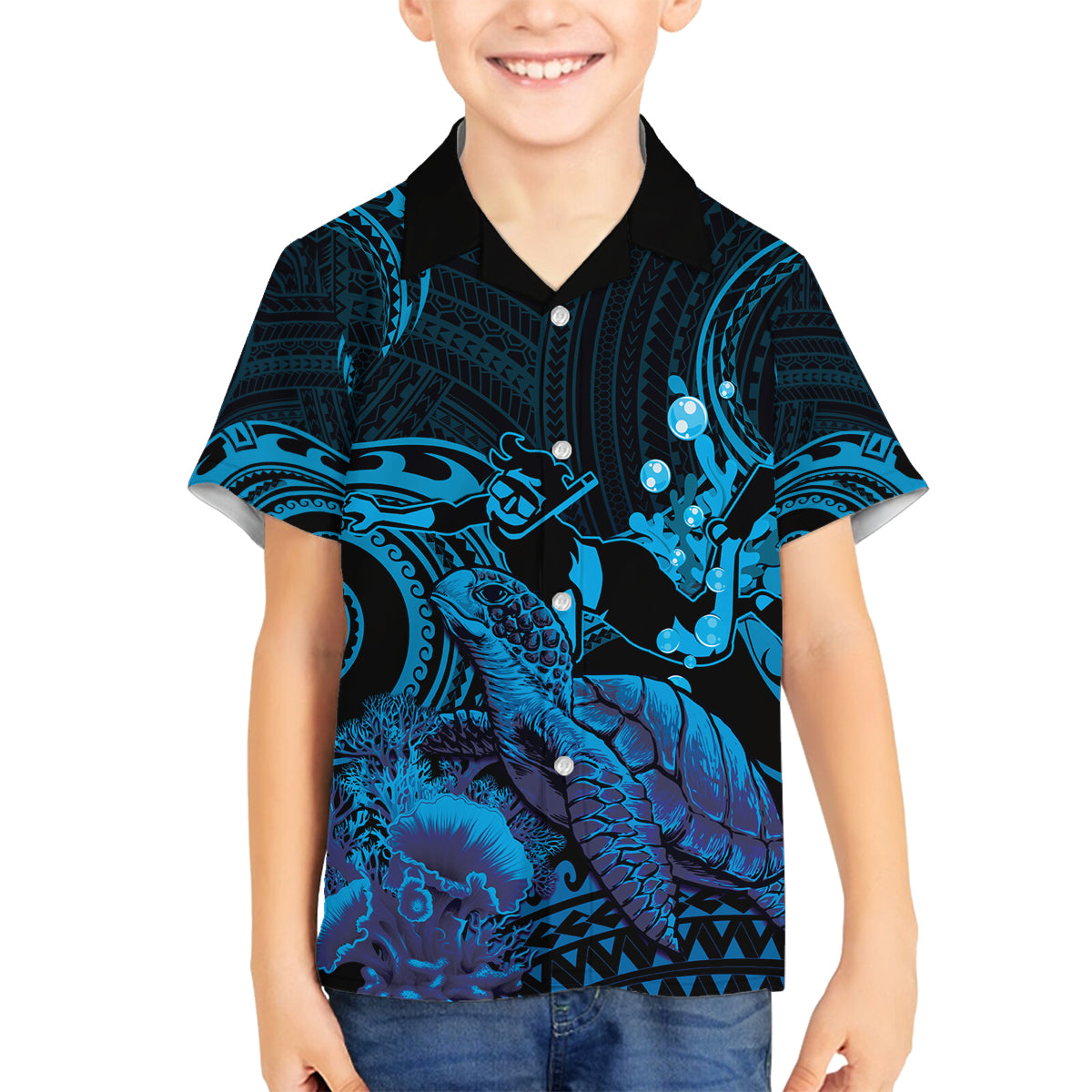 Blue Aloha Hawaii Family Matching Off Shoulder Maxi Dress and Hawaiian Shirt Snorkeling With Sea Turtle Polynesian Pattern LT14 Son's Shirt Blue - Polynesian Pride