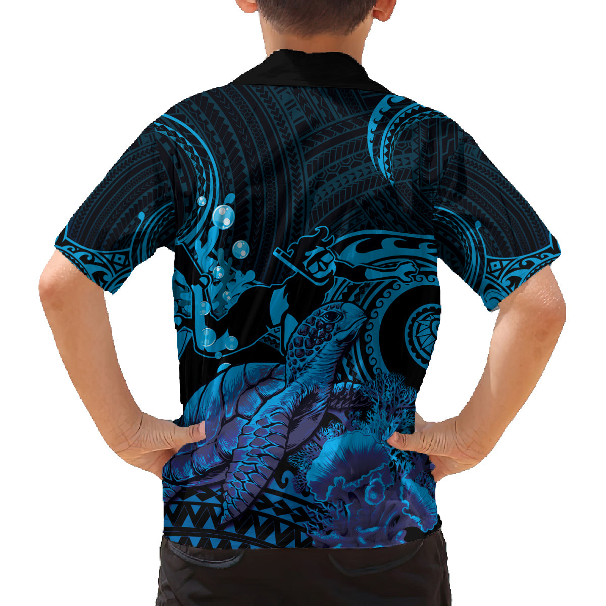 Blue Aloha Hawaii Family Matching Off Shoulder Short Dress and Hawaiian Shirt Snorkeling With Sea Turtle Polynesian Pattern LT14 - Polynesian Pride