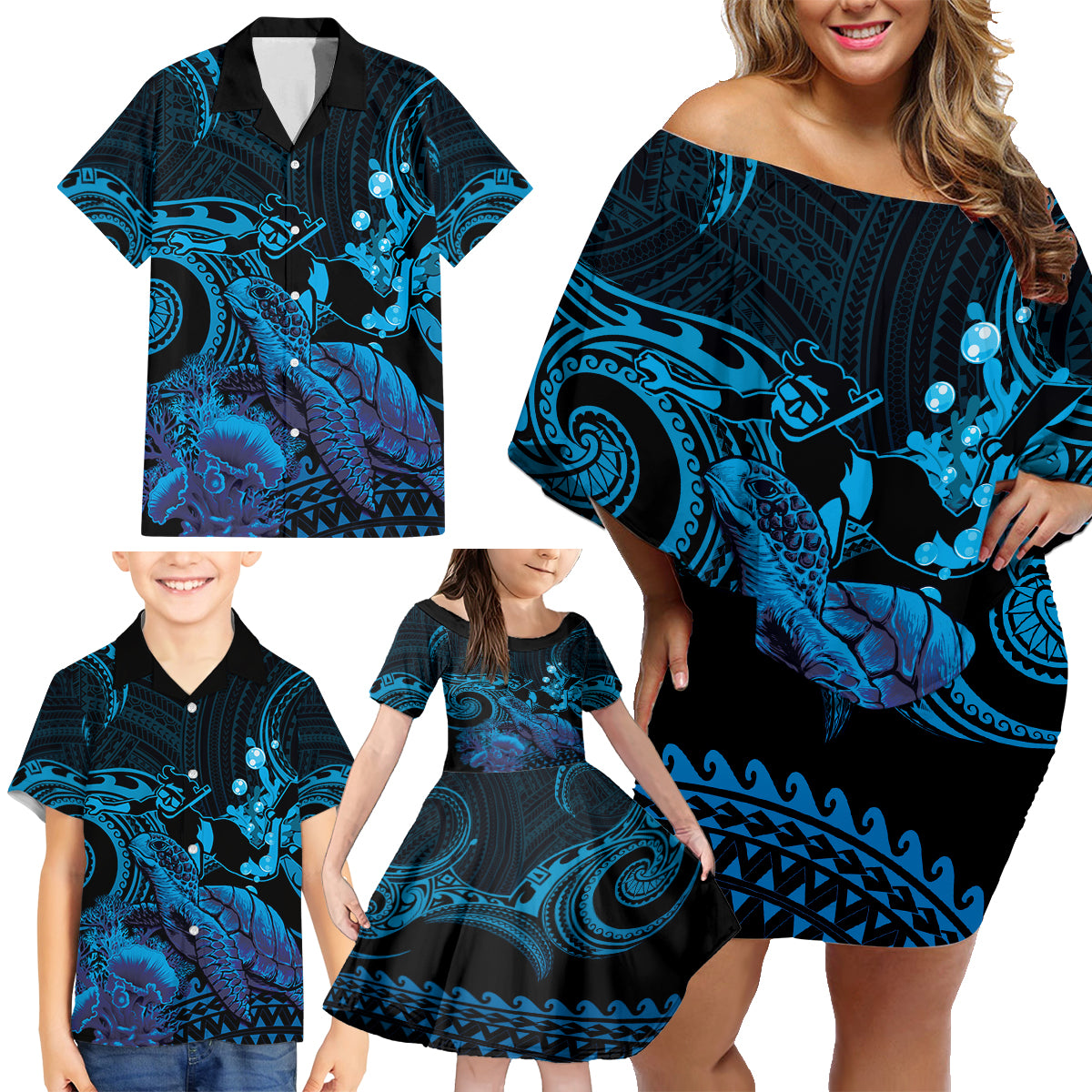 Blue Aloha Hawaii Family Matching Off Shoulder Short Dress and Hawaiian Shirt Snorkeling With Sea Turtle Polynesian Pattern LT14 - Polynesian Pride