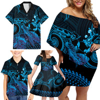 Blue Aloha Hawaii Family Matching Off Shoulder Short Dress and Hawaiian Shirt Snorkeling With Sea Turtle Polynesian Pattern LT14 - Polynesian Pride
