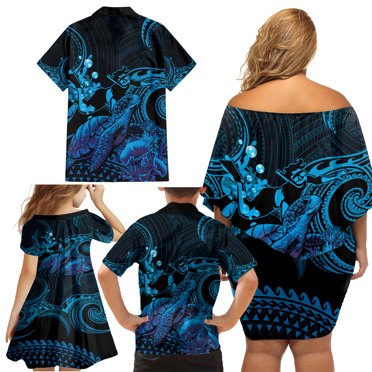 Blue Aloha Hawaii Family Matching Off Shoulder Short Dress and Hawaiian Shirt Snorkeling With Sea Turtle Polynesian Pattern LT14 - Polynesian Pride