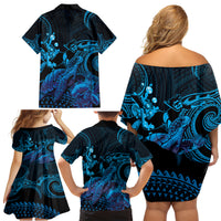 Blue Aloha Hawaii Family Matching Off Shoulder Short Dress and Hawaiian Shirt Snorkeling With Sea Turtle Polynesian Pattern LT14 - Polynesian Pride