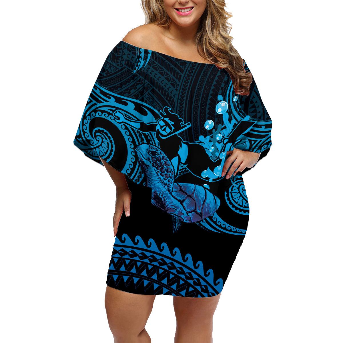 Blue Aloha Hawaii Family Matching Off Shoulder Short Dress and Hawaiian Shirt Snorkeling With Sea Turtle Polynesian Pattern LT14 Mom's Dress Blue - Polynesian Pride
