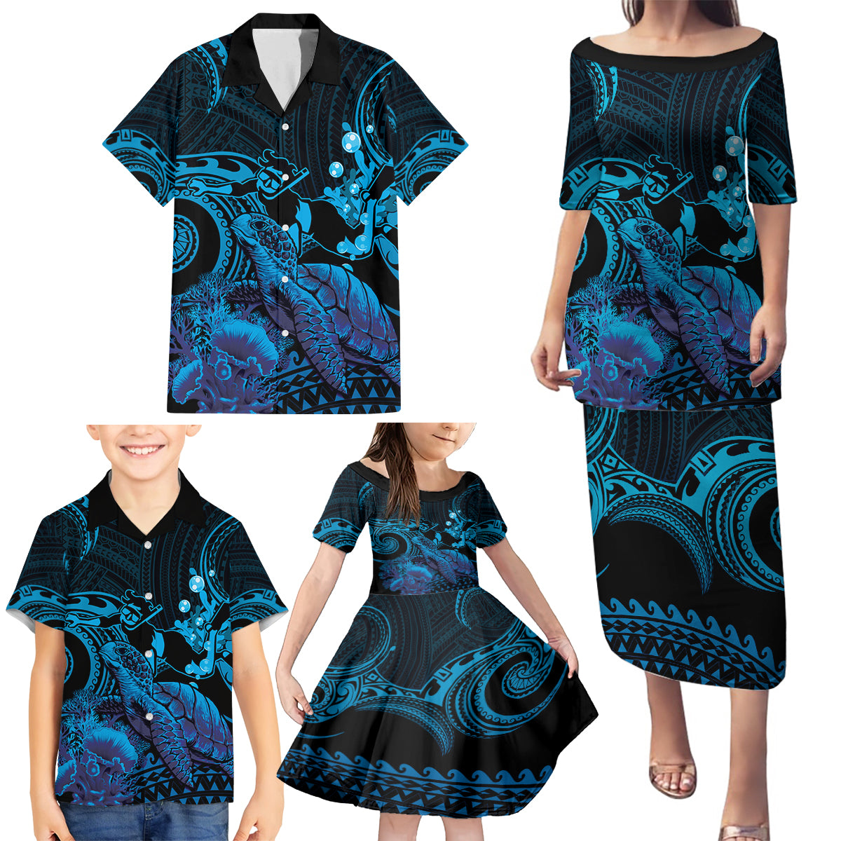 Blue Aloha Hawaii Family Matching Puletasi and Hawaiian Shirt Snorkeling With Sea Turtle Polynesian Pattern LT14 - Polynesian Pride