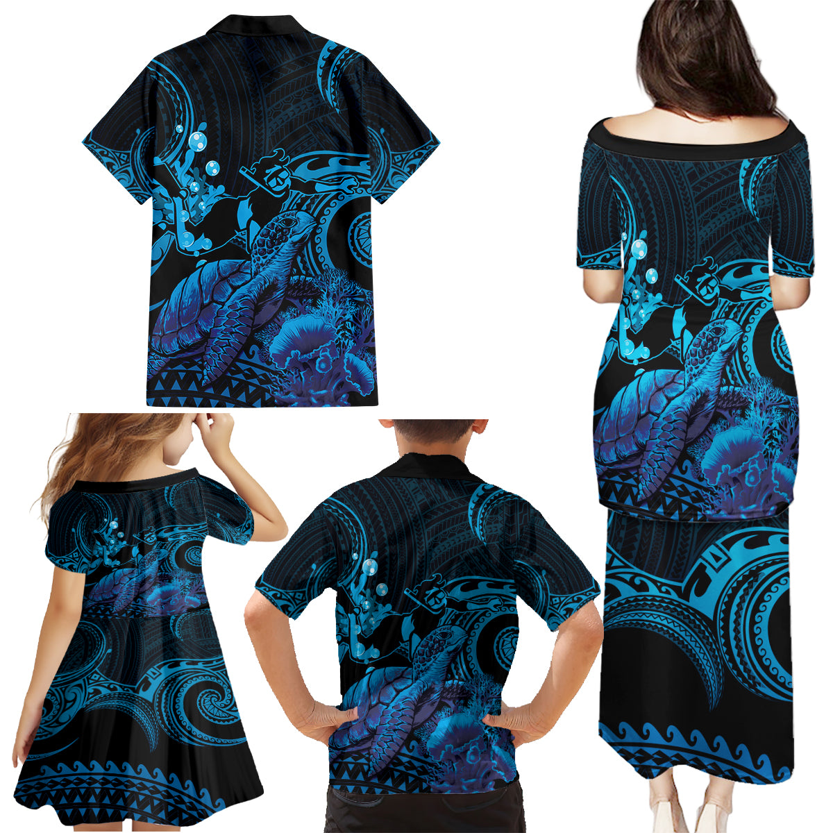 Blue Aloha Hawaii Family Matching Puletasi and Hawaiian Shirt Snorkeling With Sea Turtle Polynesian Pattern LT14 - Polynesian Pride