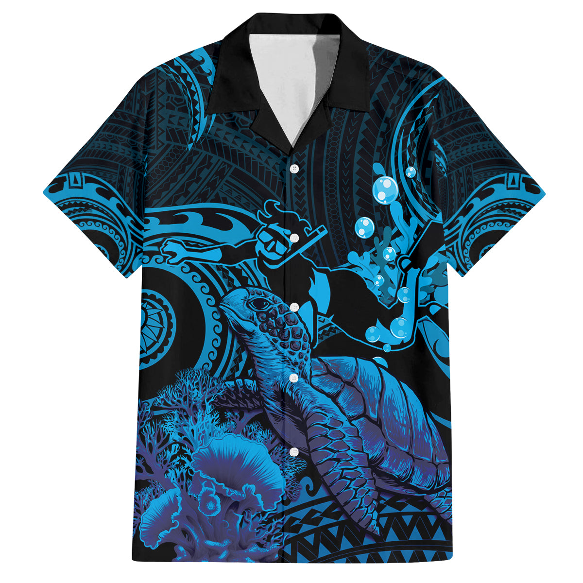 Blue Aloha Hawaii Family Matching Puletasi and Hawaiian Shirt Snorkeling With Sea Turtle Polynesian Pattern LT14 Dad's Shirt - Short Sleeve Blue - Polynesian Pride