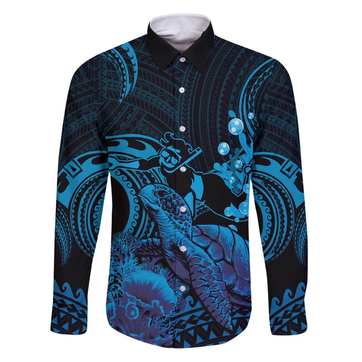 Blue Aloha Hawaii Family Matching Puletasi and Hawaiian Shirt Snorkeling With Sea Turtle Polynesian Pattern LT14 Dad's Shirt - Long Sleeve Blue - Polynesian Pride
