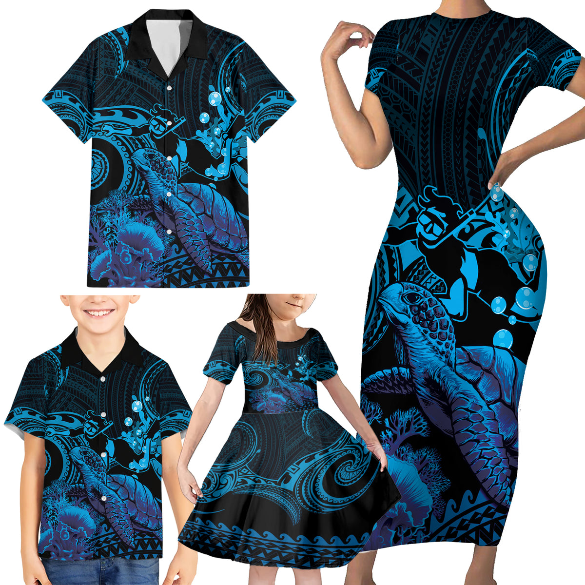 Blue Aloha Hawaii Family Matching Short Sleeve Bodycon Dress and Hawaiian Shirt Snorkeling With Sea Turtle Polynesian Pattern LT14 - Polynesian Pride