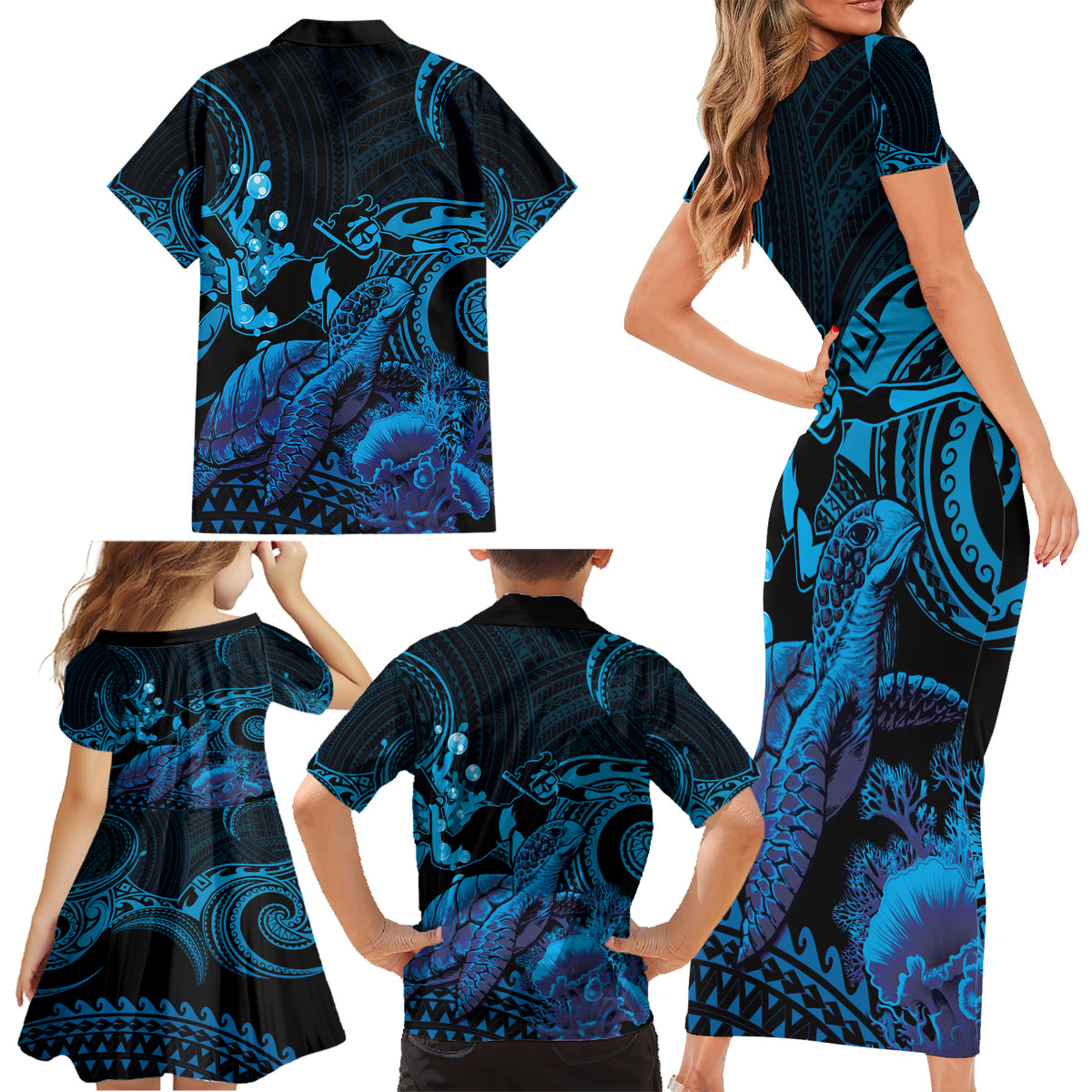 Blue Aloha Hawaii Family Matching Short Sleeve Bodycon Dress and Hawaiian Shirt Snorkeling With Sea Turtle Polynesian Pattern LT14 - Polynesian Pride